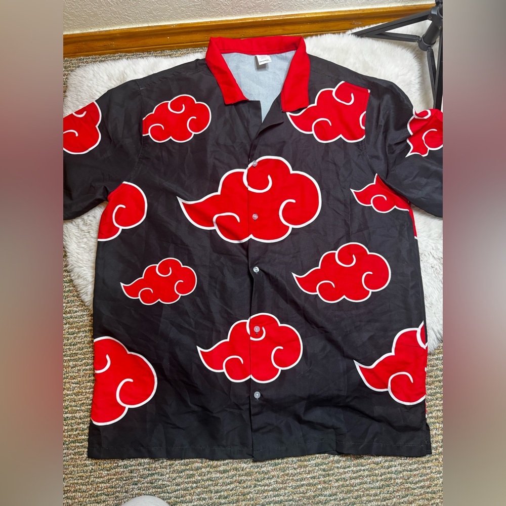 Naruto Black Button-Up Shirt with Red Cloud Pattern